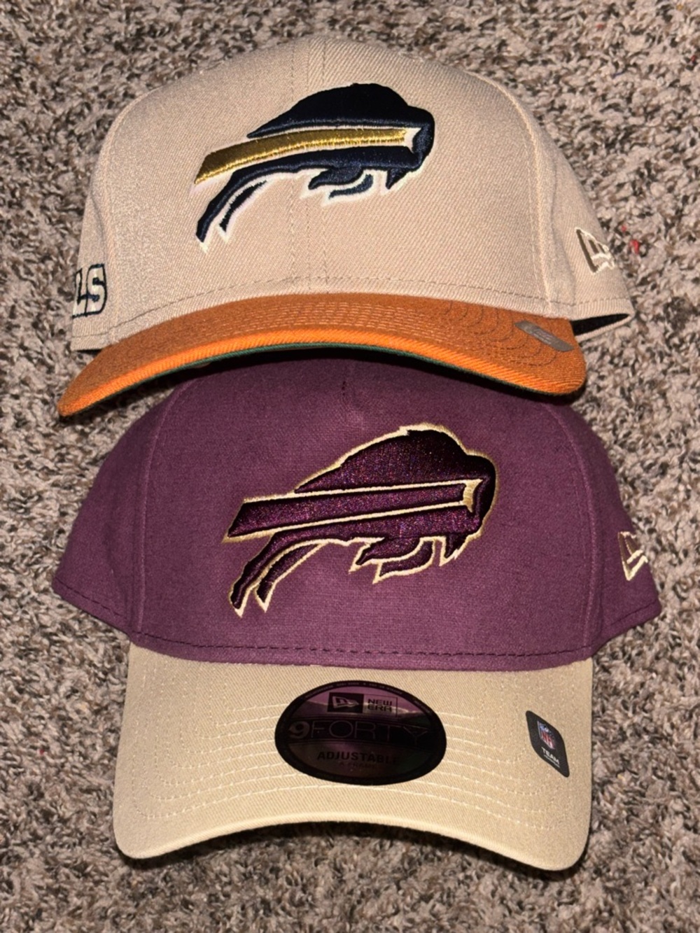 New Era Two-Tone Buffalo Bills Logo Caps in Tan, Orange, Purple
